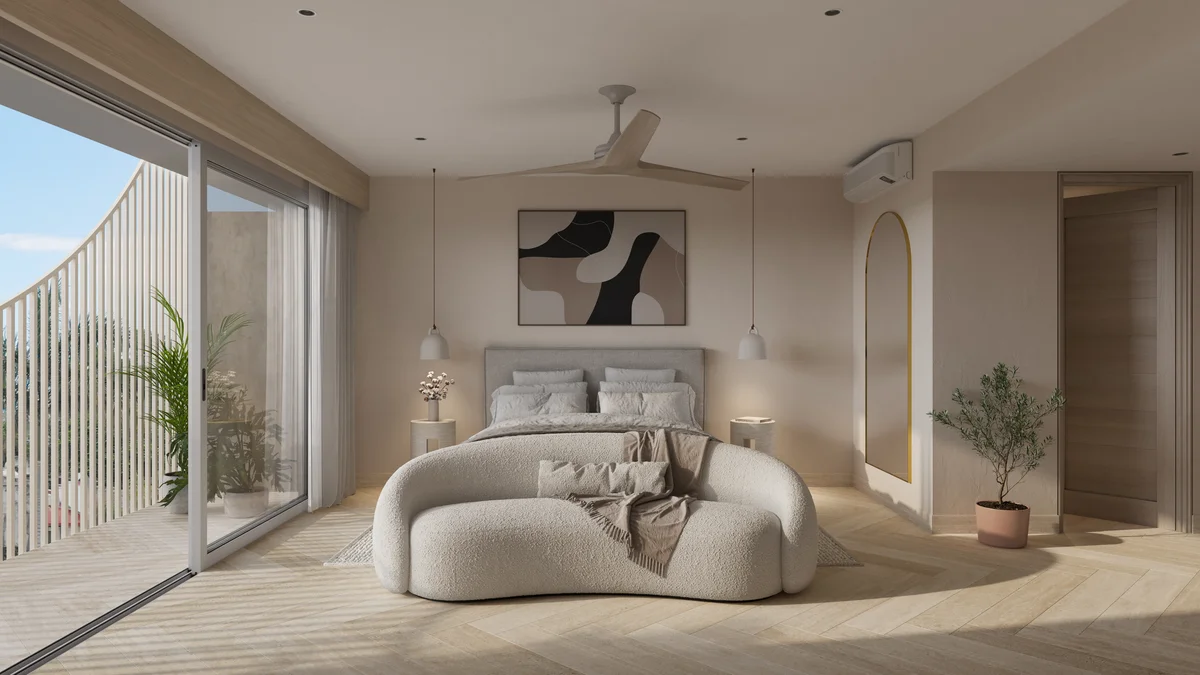 View of Modern Bedroom at Central Park 2, showcasing Private Balcony, Light Wood Flooring.