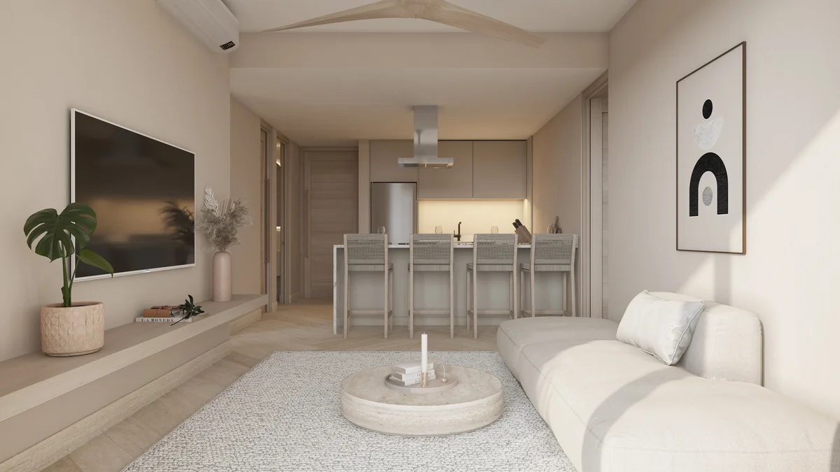 View of Open-plan living at Central Park 2, showcasing Modern kitchen, Minimalist design.