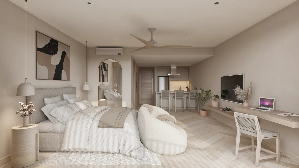 View of Studio Apartment at Central Park 2, showcasing Modern Interior Design, Open Concept Living.