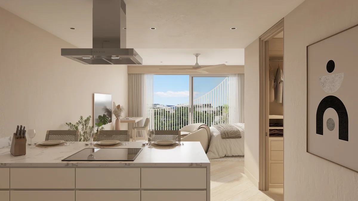 View of Open Concept Living at Central Park 2, showcasing Modern Kitchen, Studio Apartment.