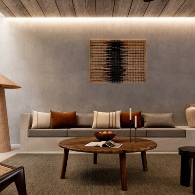 Image of a Open-Plan Living, featuring Built-in Sofa and Wood Plank Ceiling.