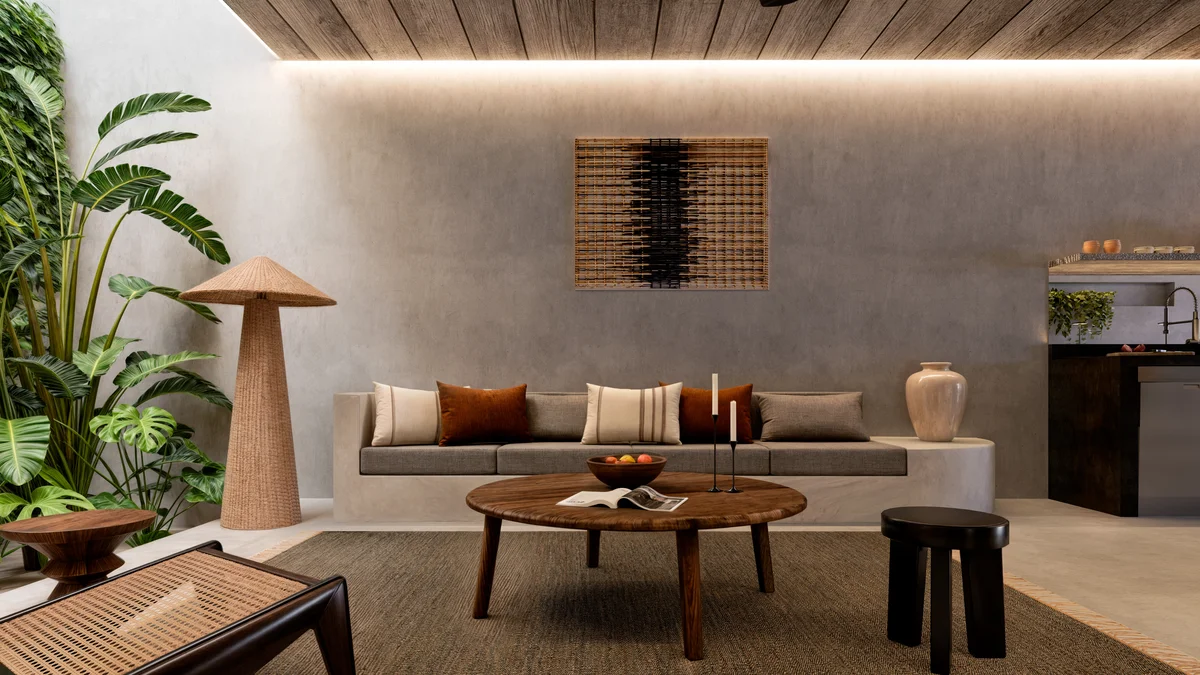 Image of a Open-Plan Living, featuring Built-in Sofa and Wood Plank Ceiling.