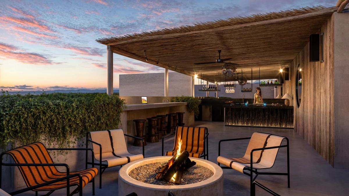 Image of a Rooftop Lounge, featuring Outdoor Bar and Fire Pit Seating.