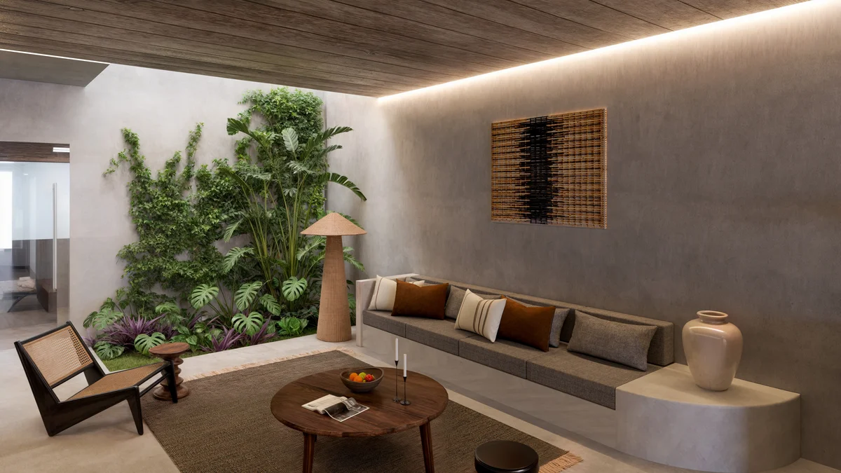 Image of a Atrium Living Space, featuring Indoor Garden and Wood Plank Ceiling.