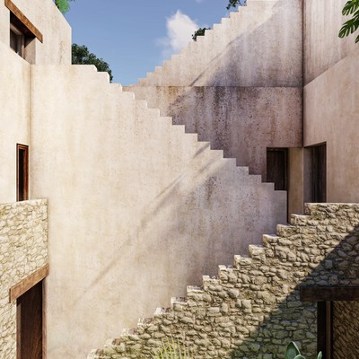 Image of a Private Courtyard, featuring Architectural Exterior Staircase and Natural Stone Walls.