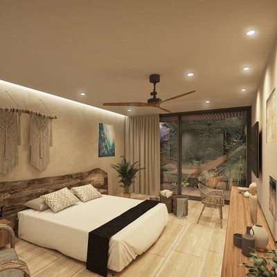 Image of a Spacious Bedroom, featuring Rustic Chic Decor and Live-Edge Wood Headboard.
