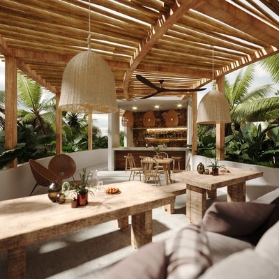 Image of a Outdoor Lounge, featuring Wooden Pergola and Tropical Garden.