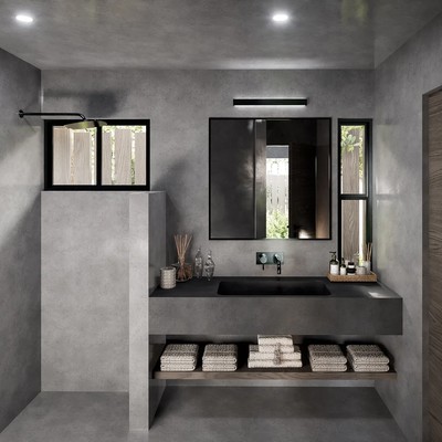 Image of a Modern Bathroom, featuring Concrete Finish and Walk-in Shower.