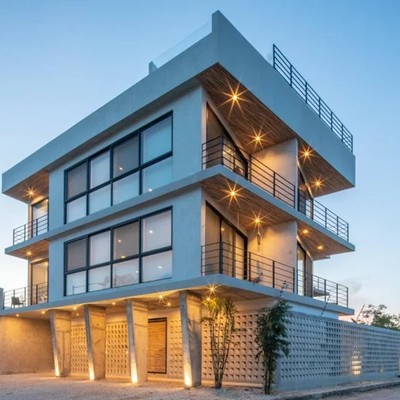 Image of a Modern Architecture, featuring Concrete Facade and Multi-Level Building.
