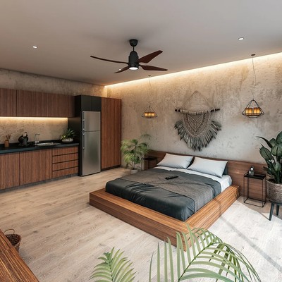 Image of a Studio Apartment, featuring Kitchenette and Textured Concrete Walls.