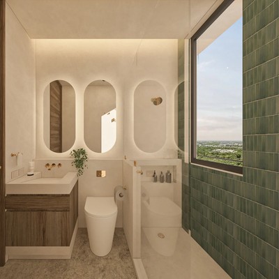 Image of a Modern Bathroom, featuring Walk-in Shower and Green Tile Accent Wall.