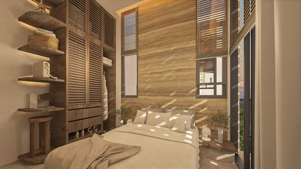 View of Bedroom Design at Kahya, showcasing Wooden Interior, High Ceilings.