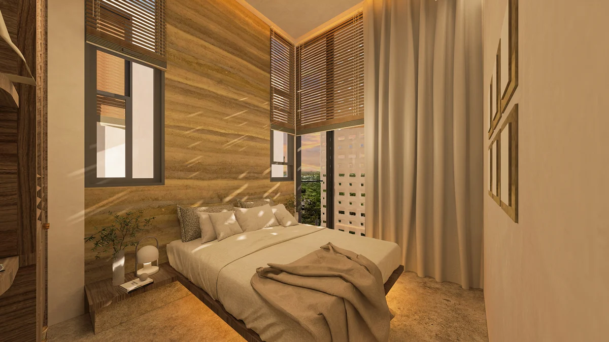 View of Modern Bedroom at Kahya, showcasing Natural Light, Stone Accent Wall.