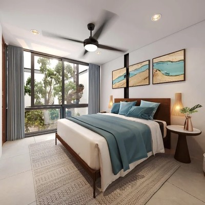 Image of a Master Bedroom, featuring Floor-to-Ceiling Windows and Modern Design.