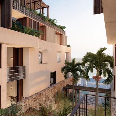 Image of a Modern Coastal Architecture, featuring Private Balconies and Natural Wood Accents.