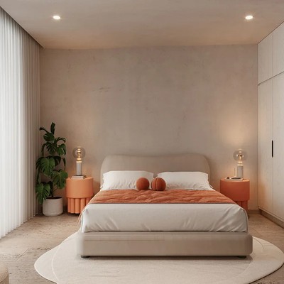 Image of a Modern Bedroom, featuring Floor-to-Ceiling Windows and Balcony Access.