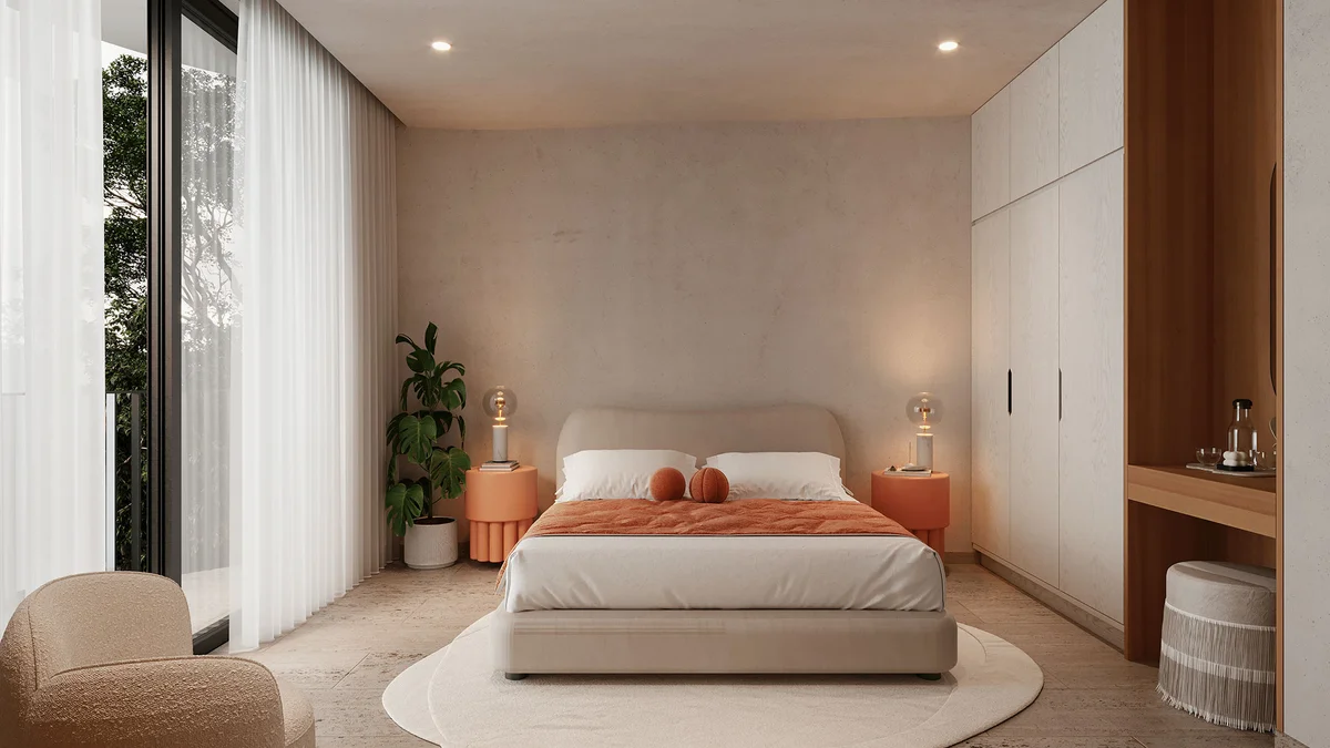 View of Modern Bedroom at The Curve, showcasing Minimalist Design, Natural Light.