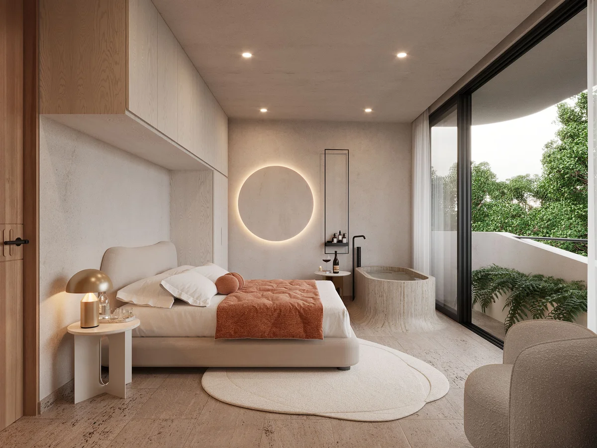 View of Luxury Bedroom at The Curve, showcasing Modern Design, Ensuite Bathtub.
