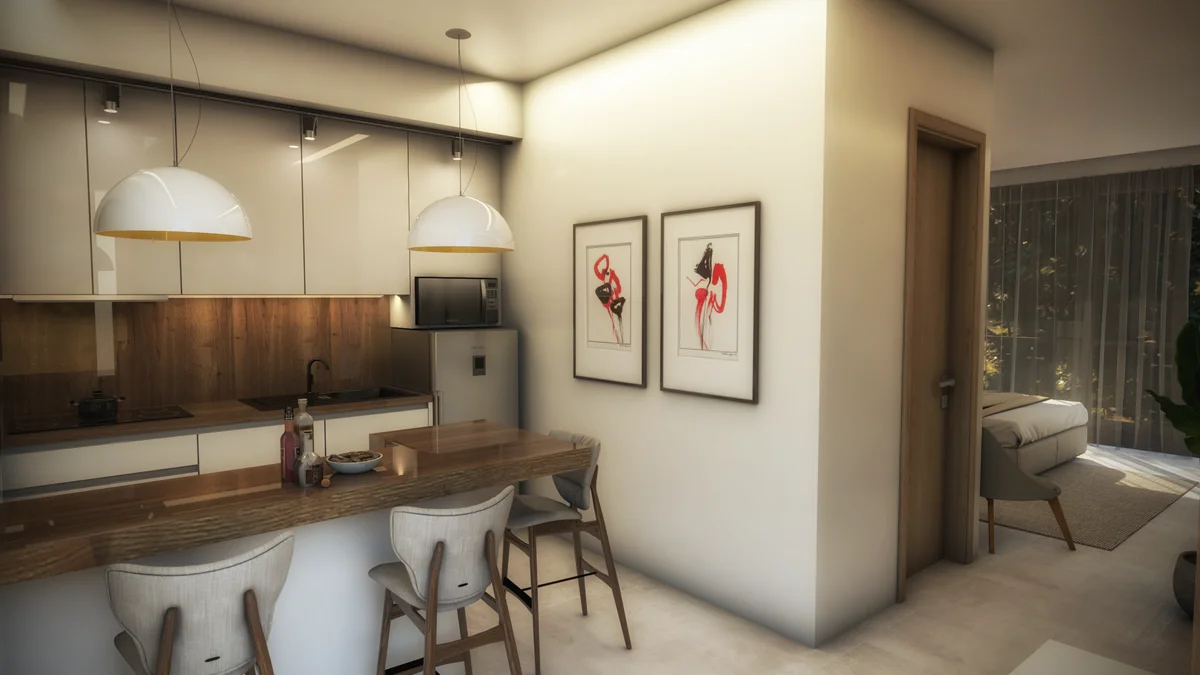View of Modern Kitchen at Centurmex 25, showcasing Kitchen Island, Open Concept Living.