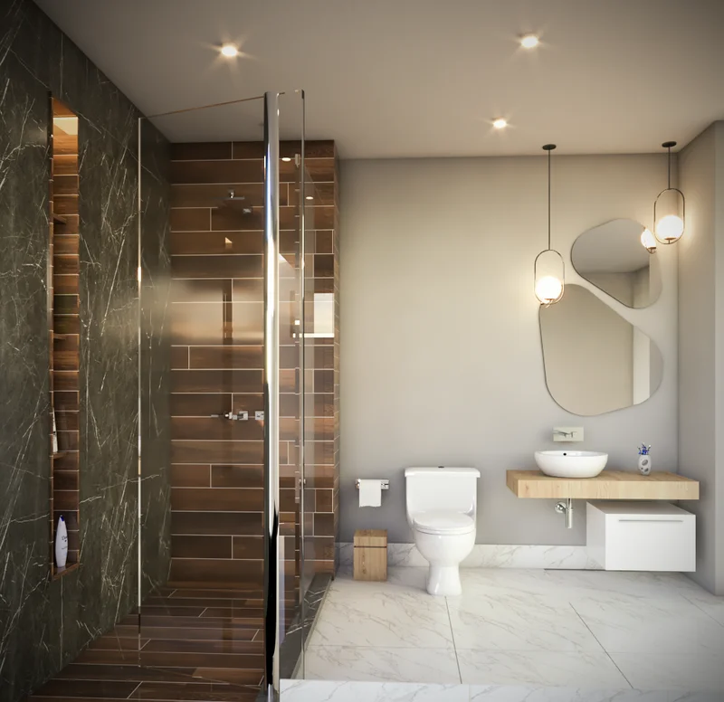 View of Modern Bathroom at Centurmex 25, showcasing Walk-in Shower, Floating Vanity.