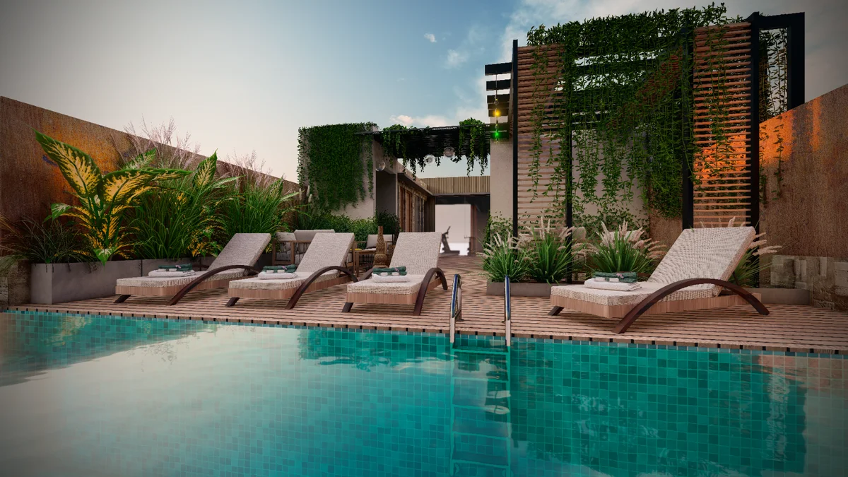 Image of Swimming Pool at Centurmex 25, featuring Rooftop Pool, Lounge Area.