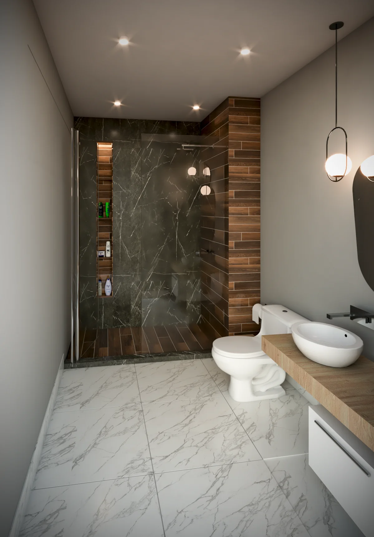 View of Modern Bathroom at Centurmex 25, showcasing Walk-in Shower, Marble Shower.