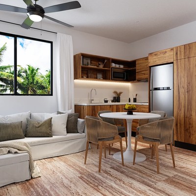 Image of a Open Concept Living, featuring Modern Kitchen and Wood Cabinetry.