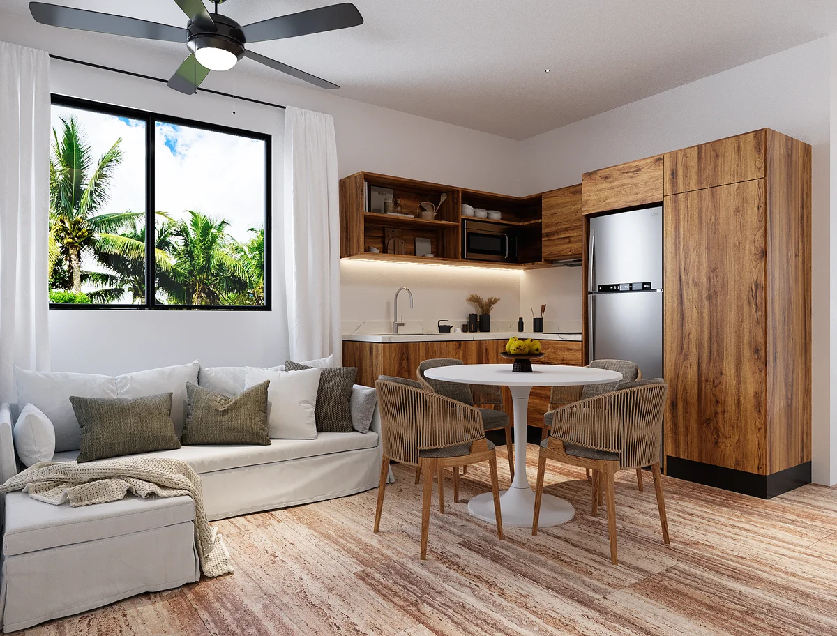View of Open Concept Living at Maresol, showcasing Modern Kitchen, Tropical View.