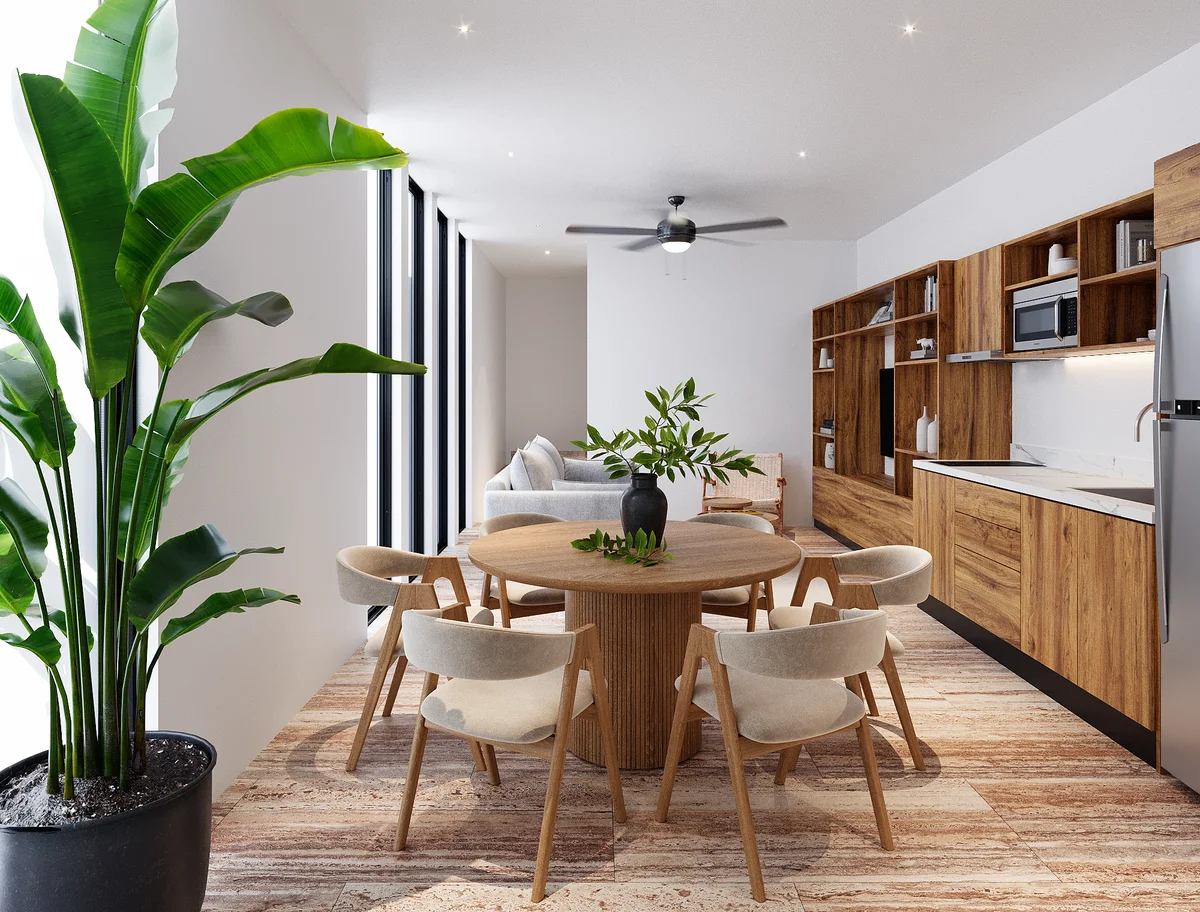 View of Open Concept Living at Maresol, showcasing Modern Kitchen, Dining Area.