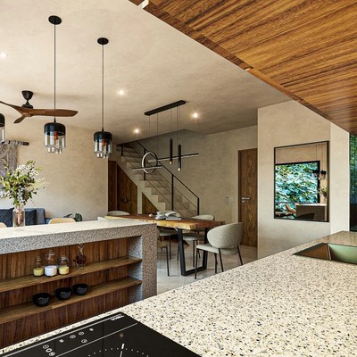 Image of a Open Concept Living, featuring Modern Kitchen and Terrazzo Countertops.
