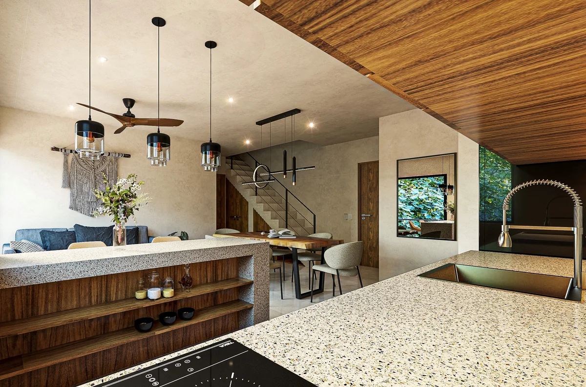 View of Open Concept Living at Xacte, showcasing Modern Kitchen, Terrazzo Countertop.