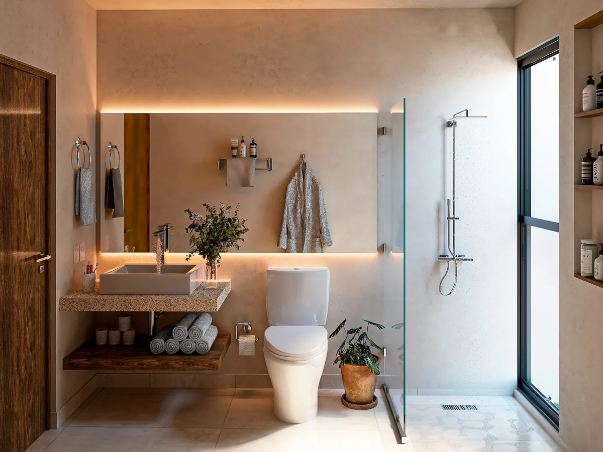 View of Modern Bathroom at Xacte, showcasing Walk-in Shower, Vessel Sink.