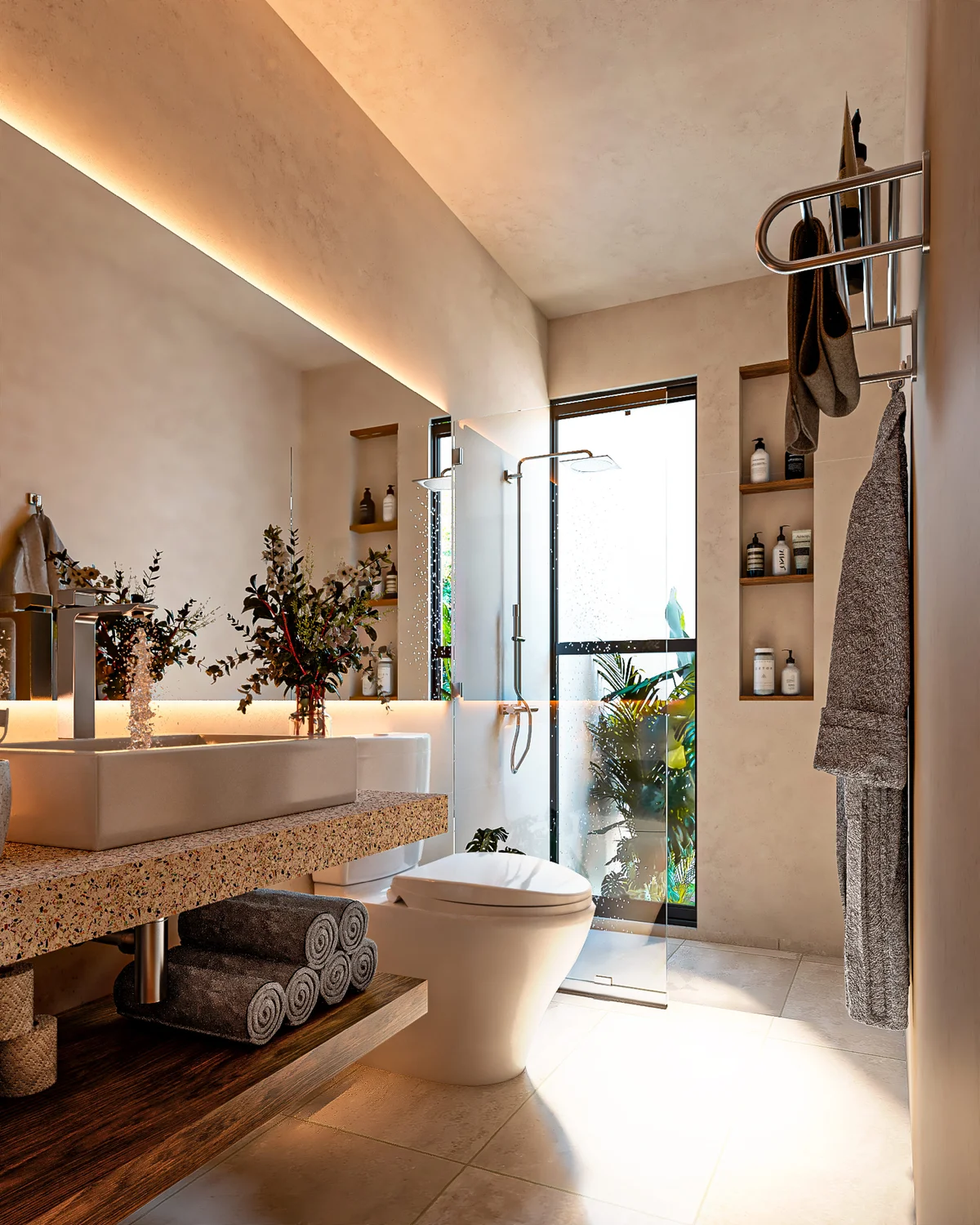 View of Modern Bathroom at Xacte, showcasing Spa-like Bathroom, Walk-in Shower.