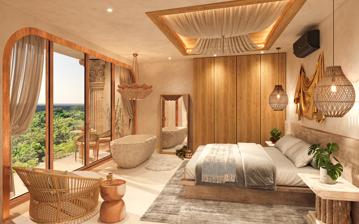 View of Luxury Bedroom at Afrodita, showcasing Jungle View, Ensuite Bathtub.