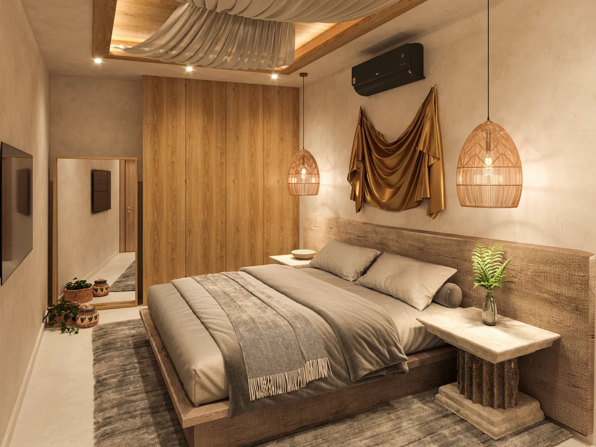 View of Modern Bedroom at Afrodita, showcasing Rustic Decor, Wood Paneling.