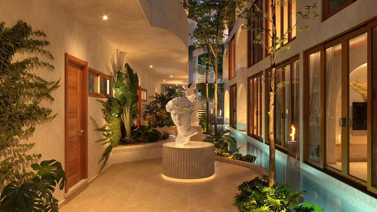 Image of Swimming Pool at Afrodita, featuring Luxury Courtyard, Evening Lighting.