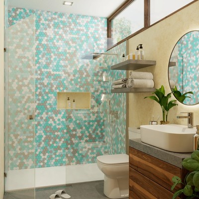 Image of a Modern Bathroom, featuring Walk-In Shower and Hexagonal Tile Wall.