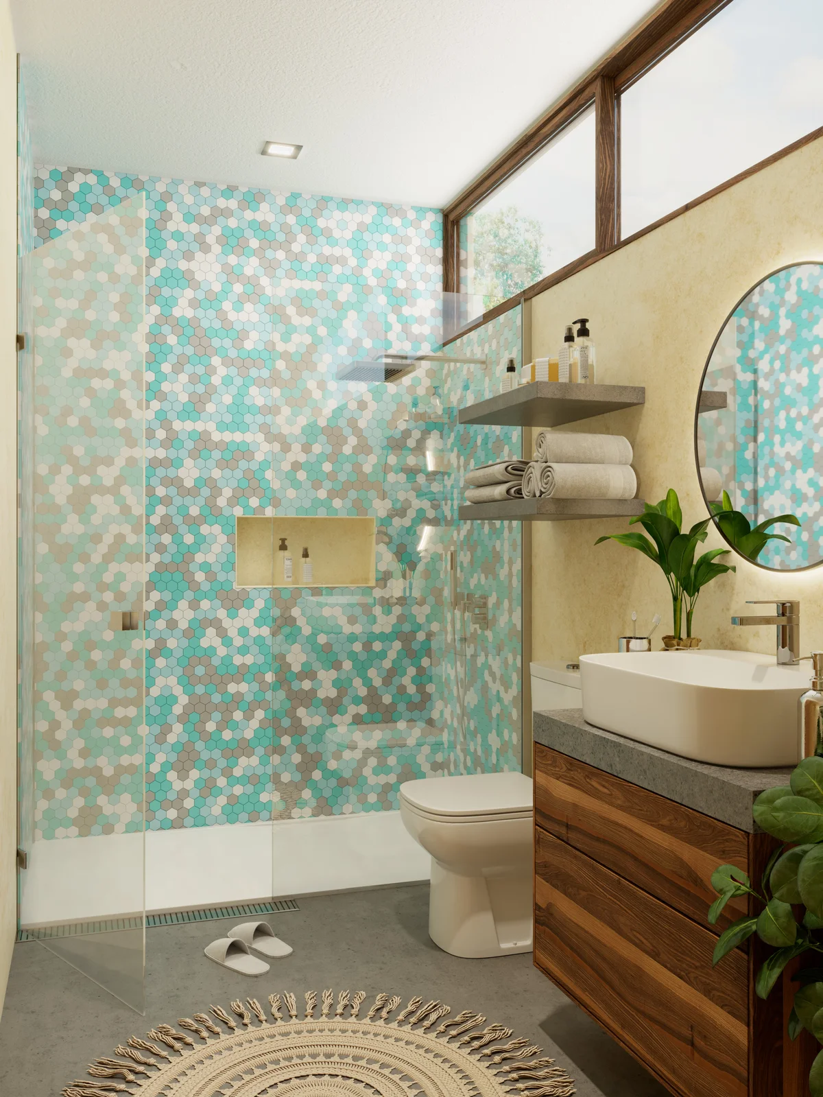 Image of a Modern Bathroom, featuring Walk-In Shower and Hexagonal Tile Wall.