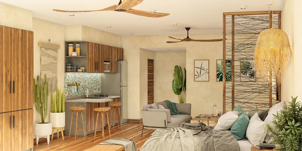 Image of a Studio Apartment, featuring Bohemian Decor and Open Concept Living.
