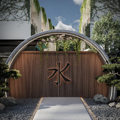 Image of a Zen Garden Entrance, featuring Japanese Inspired Design and Modern Architecture.