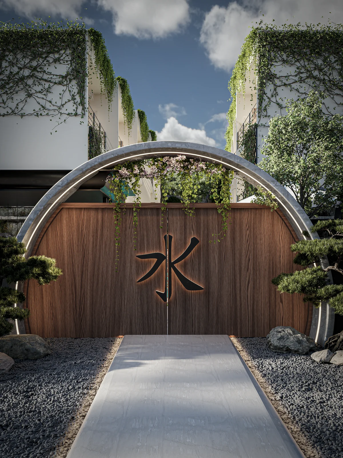Image of a Zen Garden Entrance, featuring Japanese Inspired Design and Modern Architecture.