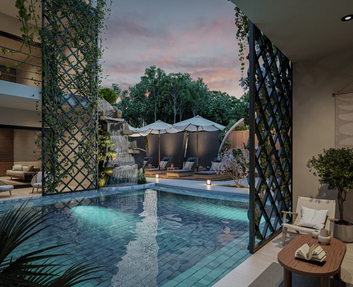 Image of a Private Pool, featuring Rock Waterfall Feature and Sundeck with Loungers.