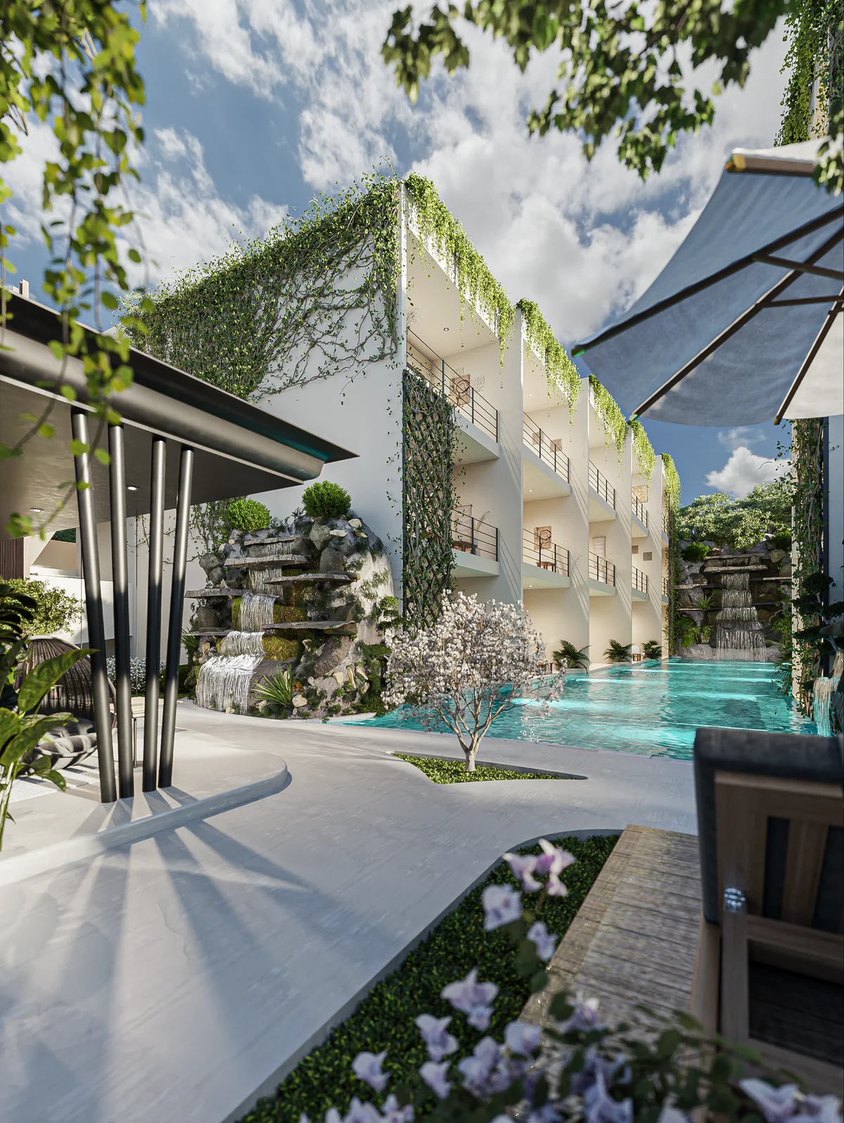 Image of a Resort-Style Pool, featuring Waterfall Feature and Lush Landscaping.