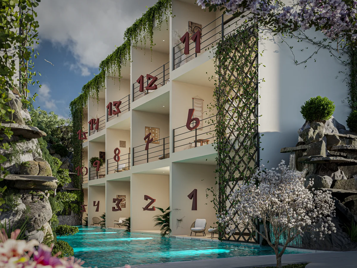 Image of a Resort-Style Pool, featuring Private Balconies and Modern Architecture.