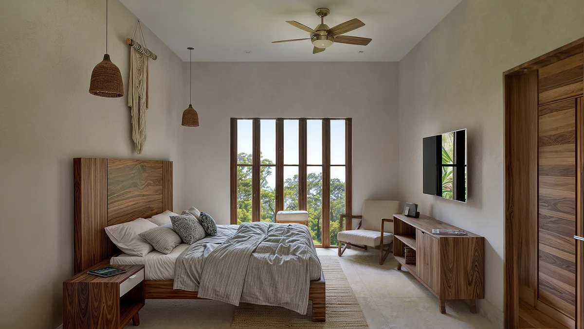 View of Modern Bedroom at Muwan, showcasing Wood Furniture, High Ceilings.