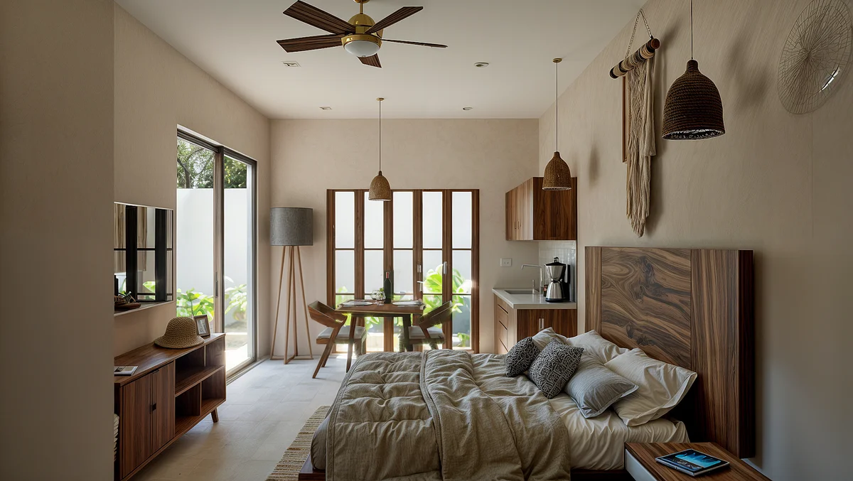 View of Studio Apartment at Muwan, showcasing Modern Bedroom, Wood Furniture.