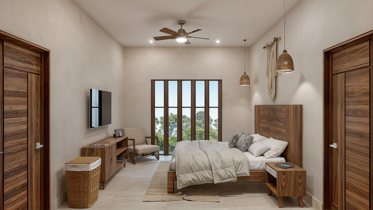 View of Modern Bedroom at Muwan, showcasing Wood Furniture, Natural Light.