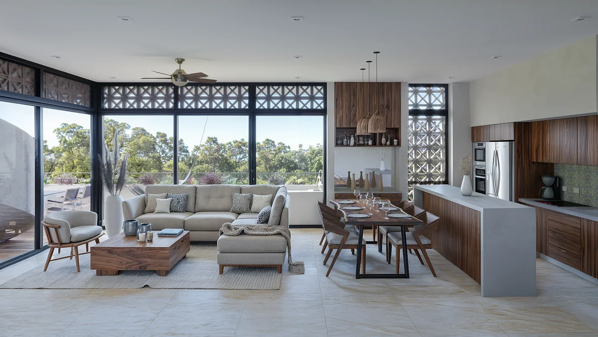 View of Open Concept Living at Muwan, showcasing Modern Kitchen, Living and Dining Room.