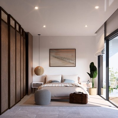 Image of a Modern Bedroom, featuring Private Balcony and Wood Panel Wardrobe.