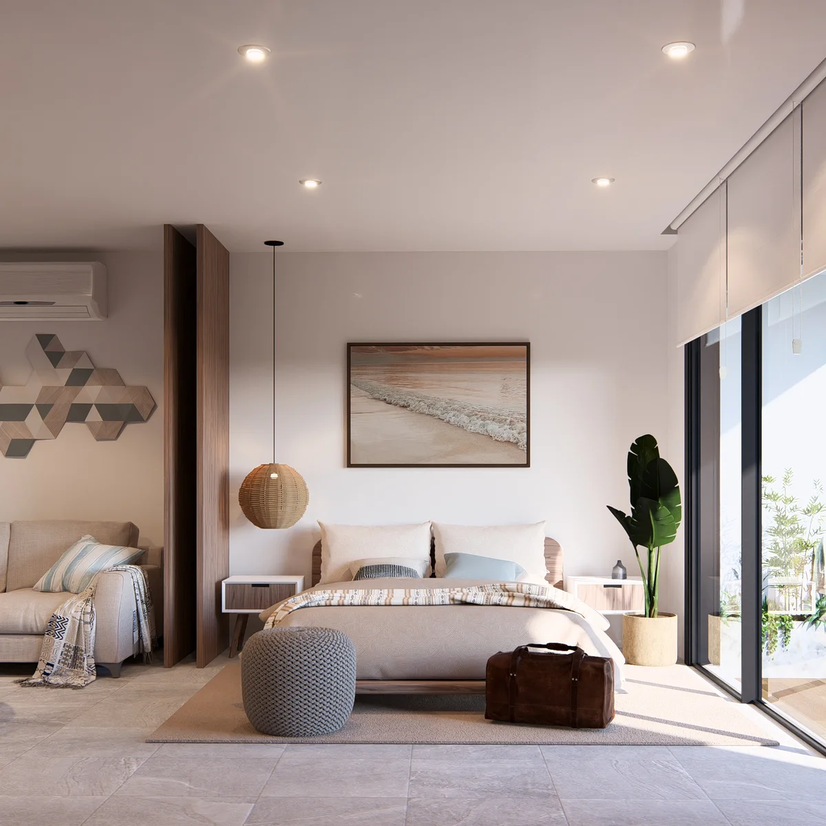 Image of a Modern Bedroom, featuring Private Balcony and Natural Light.